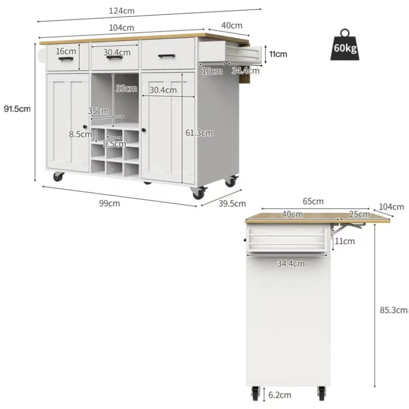 Desserte de cuisine avec plateau rabattable, 3 tiroirs, 2 portes, casier à bouteilles et porte-serviette, 124x40/65x91,5 cm, Blanc