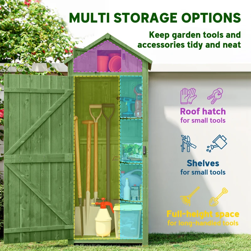 Outsunny Small Shed, Tall Slim Wooden Garden Shed with 3 Removable Shelves and Roof Hatch, Compact Outdoor Tool Storage Cabinet with Asphalt Roof and Door Latch, 77 x 54.2 x 179 cm, Green
