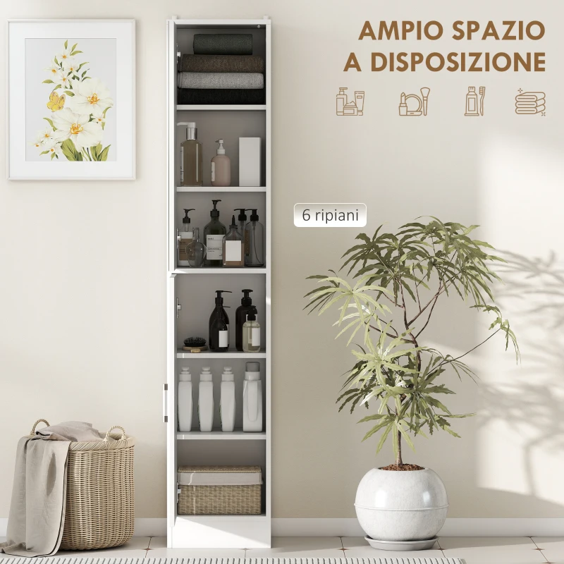 kleankin Mobile Colonna Bagno in Legno a 5 Ripiani con Anta a Specchio Apribile, 32x28x162 cm, Bianco