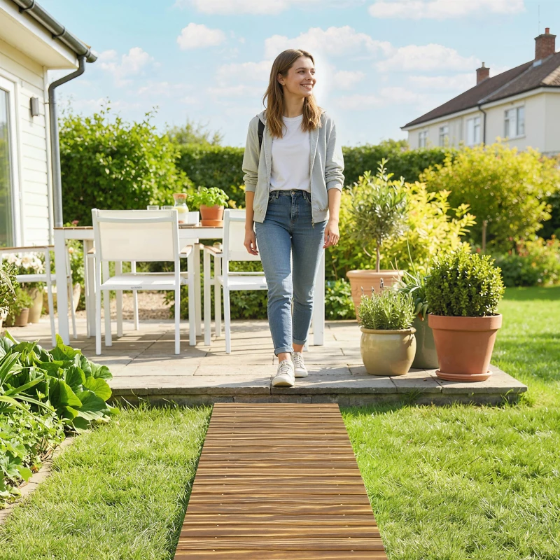 Outsunny Holz-Gartenweg 120x38 cm Gerade, aufrollbarer Steg für Außenbereich, wetterfest, verkohltes Finish