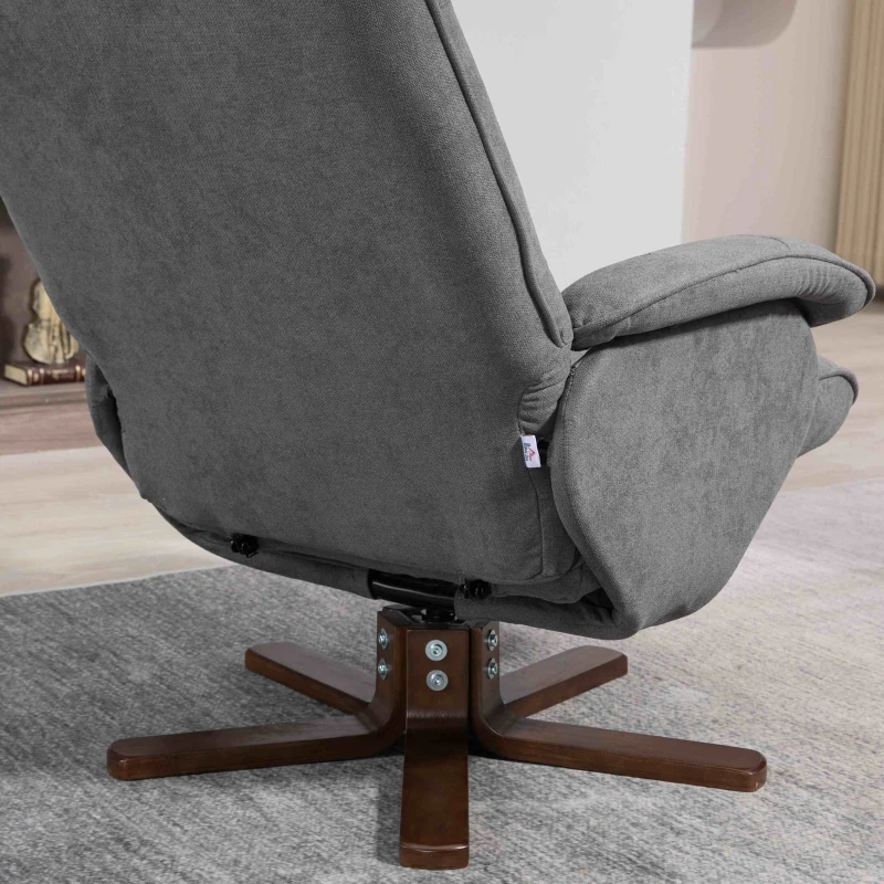HOMCOM Linen Swivel Recliner Chair with Footstool, Upholstered Reclining Armchair with Wooden Base for Living Room, Grey