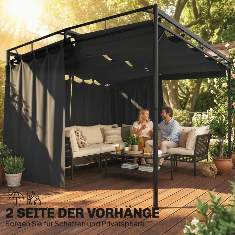 Outsunny Pergola Pavillon 3x3m Wasserabweisend Sonnenschutz mit verstellbares Schiebedach Vorhängen, freistehend