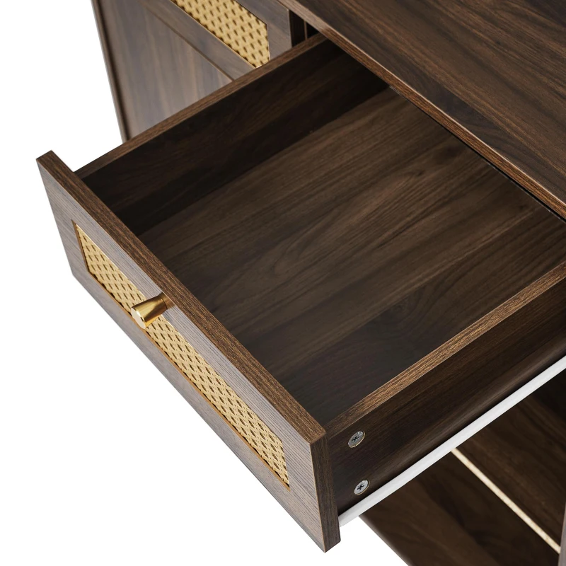 Kommode, 3 Schubladen + 2 Schränke mit offenem Mittelregal und Rattan-Fronten, 120 x 40 x 85 cm, Braun