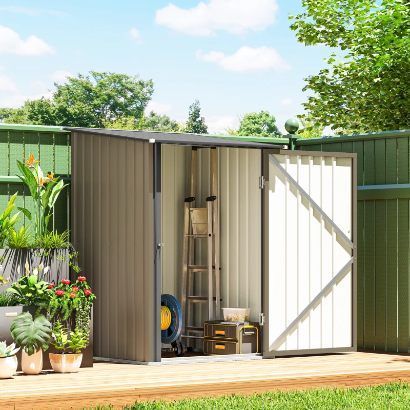 Outsunny Casota de Jardim Abrigo Porta Ferramentas em Aço Galvanizado com Porta 100x104x160 cm Castanho e Cinzento Escuro
