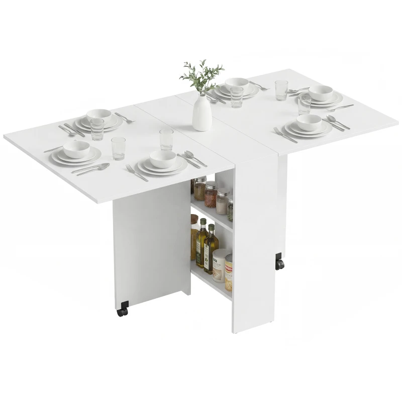 HOMCOM Esstisch, Klapptisch mit Rollen, Schreibtisch, Beistelltisch, Tisch mit Ablagefläche für Esszimmer, Holz, Weiß, 80 x 140 x 74 cm