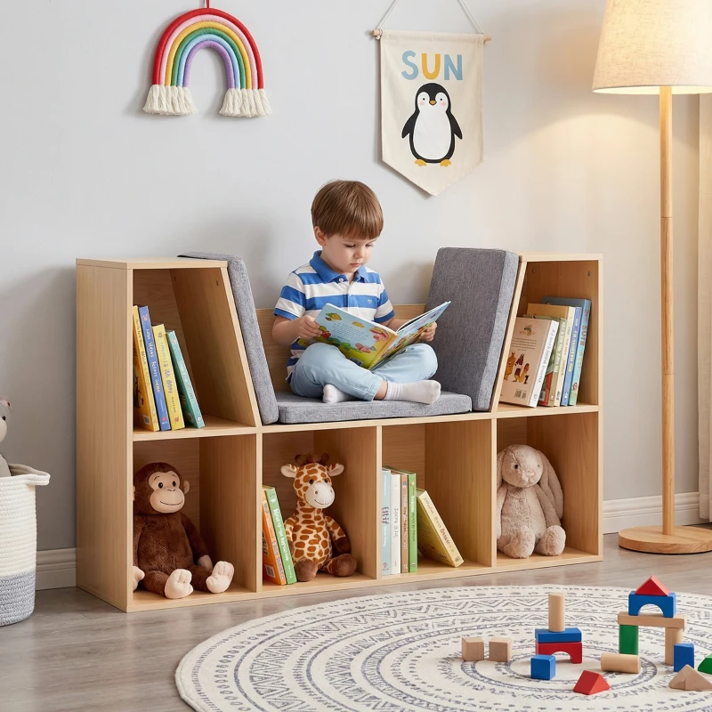 HOMCOM Kinderboekenkast 2-in-1 Kinderrek Speelbank 103 cm incl. Kussens Grijs Naturel(m-13)