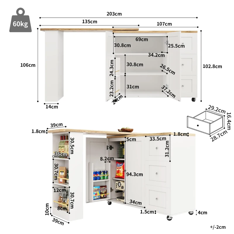 360° drehbare ausziehbare Kücheninsel, mit 3 Schubladen, 2 Türen und seitlichem Snackregal, 135-203 x 39 x 106 cm, Weiß