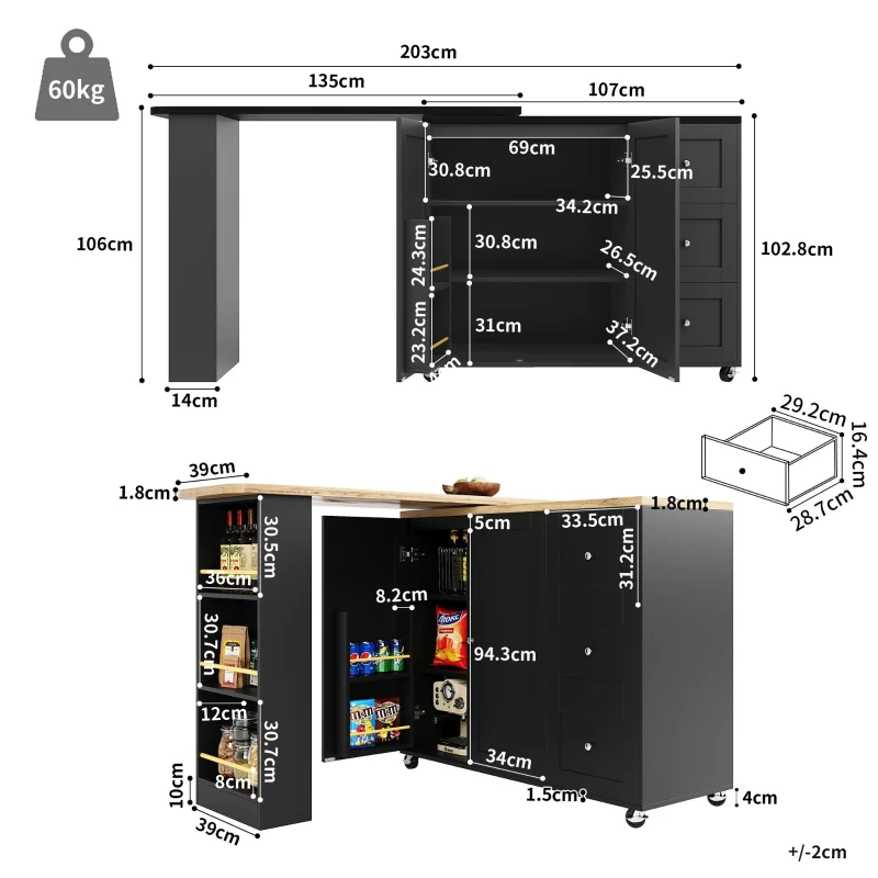 360° drehbare ausziehbare Kücheninsel, mit 3 Schubladen, 2 Türen und seitlichem Snackregal, 135-203 x 39 x 106 cm, Schwarz