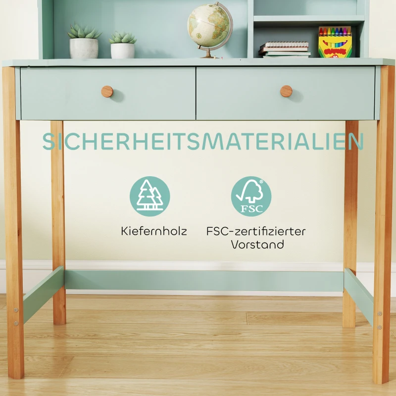 AIYAPLAY Kinderschreibtisch Schülerschreibtisch mit Schubladen Regal Stauraum für 5-12 Jahre Kinder 90 x 52 x 105 cm Grün