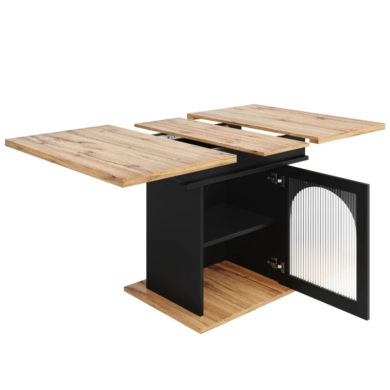 Mesa de comedor extensible con 3 niveles de almacenaje y puertas de vidrio, 110-140x80x76 cm, Negro
