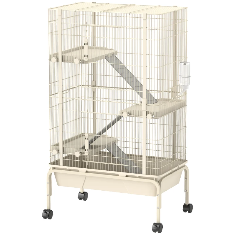 PawHut Cage pour lapin enclos à 4 niveaux avec 2 portes 3 rampes plateau profond roulettes 69 x 44 x 120 cm beige