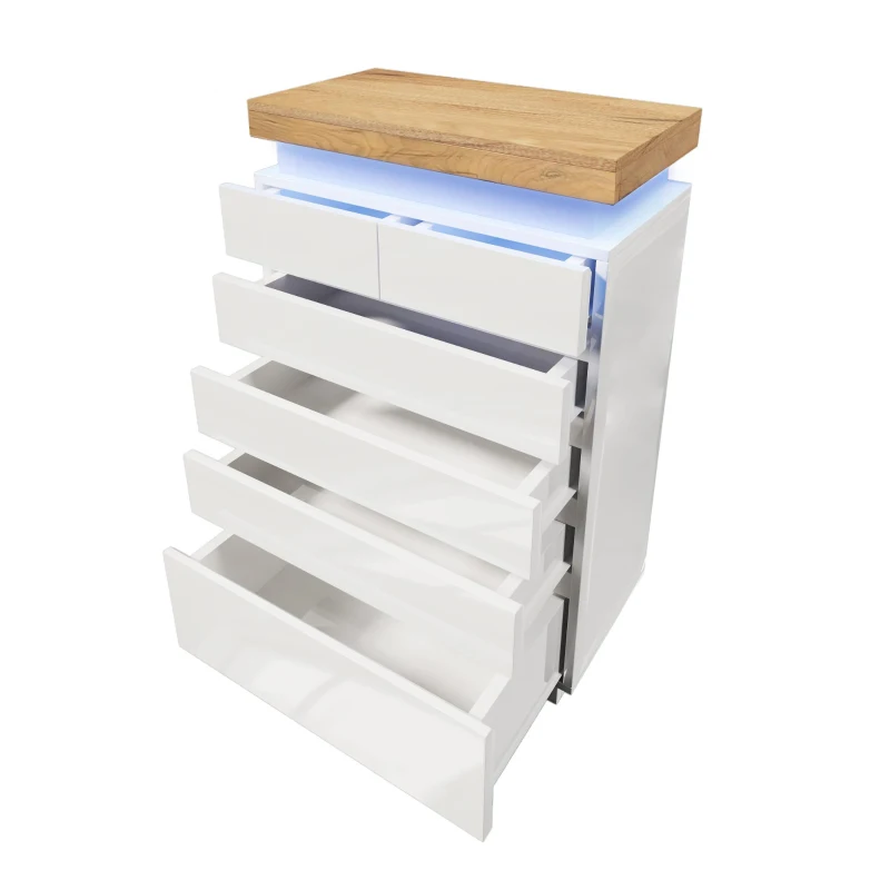 Cassettiera 6 cassetti con illuminazione a LED e spazio portaoggetti, 73x39x115 cm, Bianco