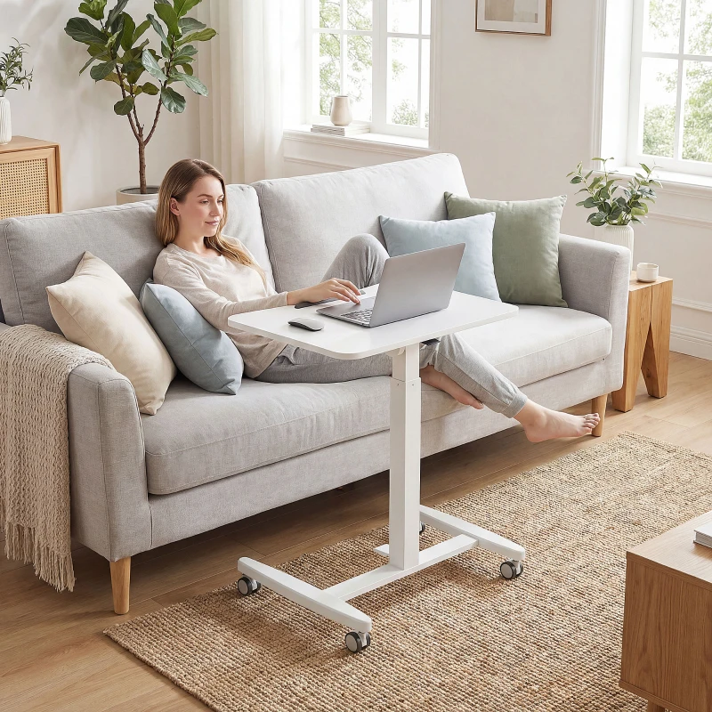 HOMCOM In hoogte verstelbaar zit-sta bureau, verrijdbaar bureau met kantelbaar tafelblad, veiligheidsstop, wielen, wit