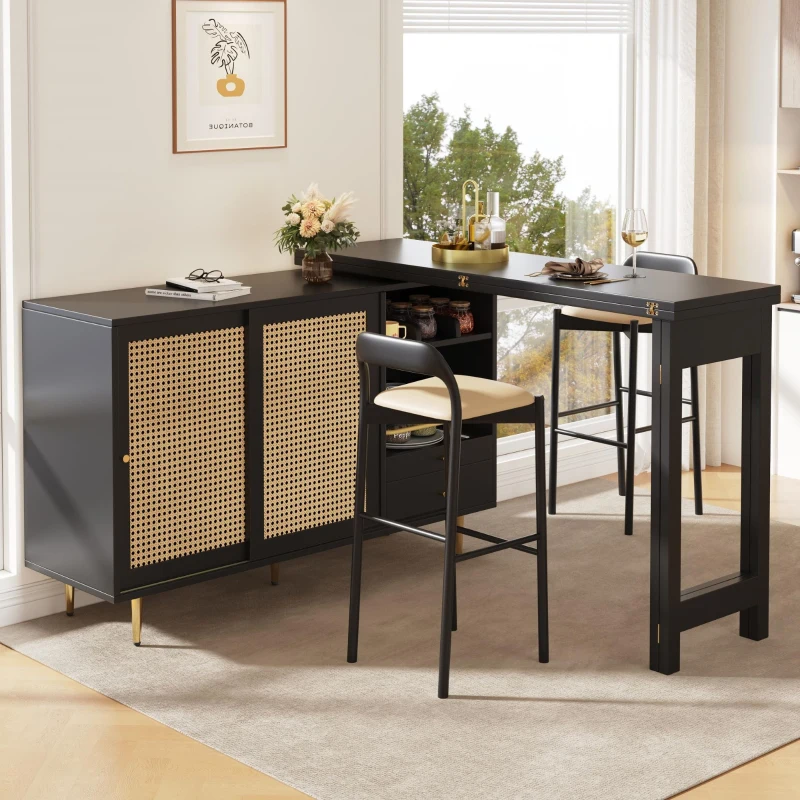 360° giratorio mesa alta de diseño extensible con tablero abatible, armario de almacenamiento con puerta de ratán + estantería abierta, 107x40x71,4 cm, Negro