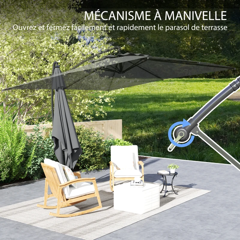 Outsunny Ombrellone a braccio quadrato con rotazione 360°, 3x3 m, Grigio scuro