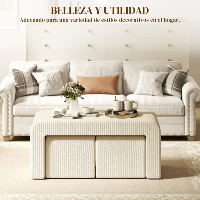 HOMCOM Juego de 3 Bancos Zapateros Grande y 2 Pequeños Modernos de Pana Diseño Compacto Mesa Auxiliar 104x44x48 cm Crema