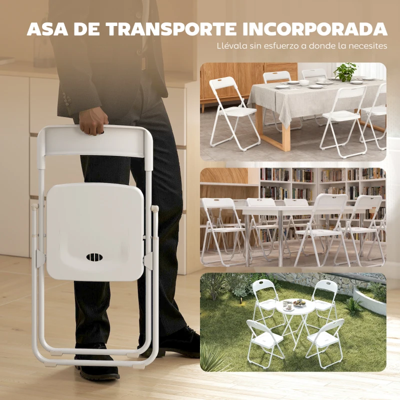 HOMCOM Juego de 6 Sillas Plegables de Plástico con Respaldo Curvo Diseño Ventilación Estructura de Acero 48,5x47x75 cm Blanco