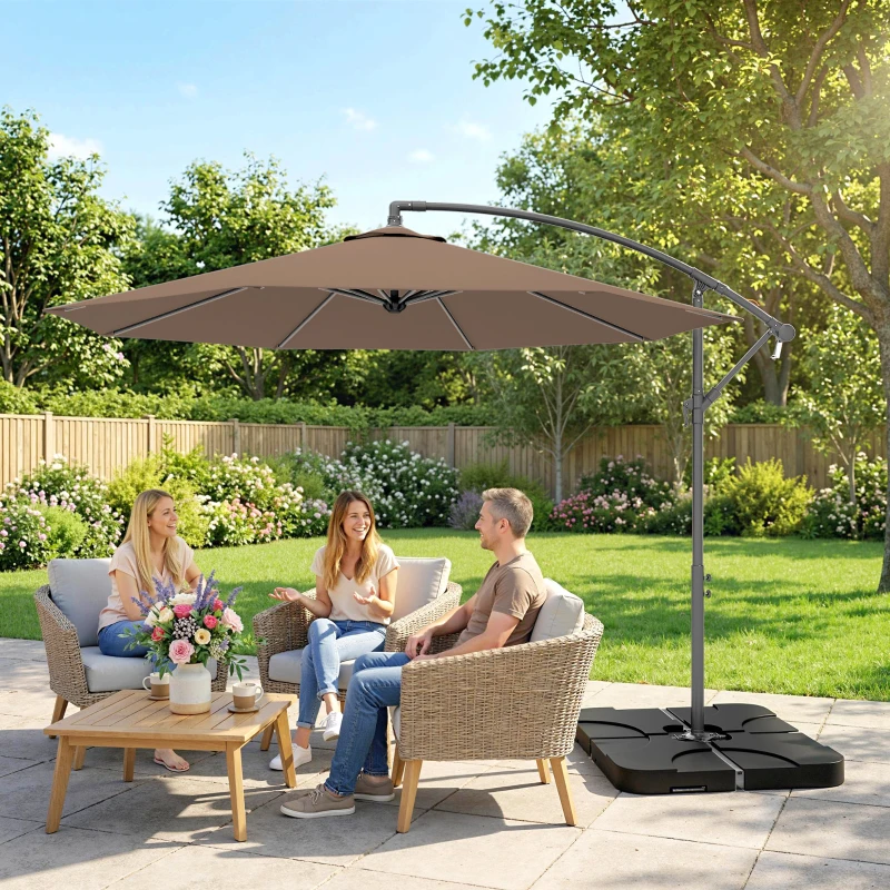 Outsunny 3(m) Garden Banana Parasol Cantilever Umbrella with Crank Handle, Cross Base, Weights and Cover for Outdoor, Hanging Sun Shade, Coffee