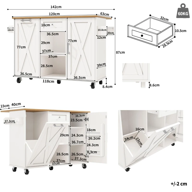 Îlot de cuisine moderne au design pliable, desserte/table à manger multifonction avec étagères pour snacks et armoires extensibles, 142x40/63x87 cm, Blanc