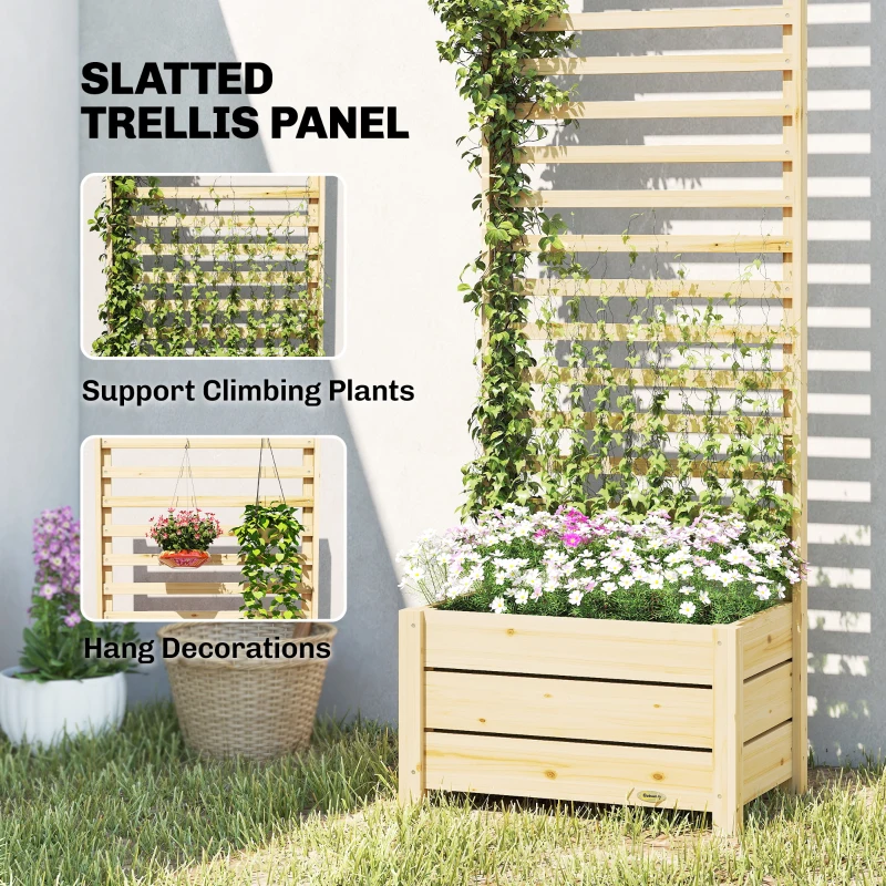 Outsunny Podwyższony kwietnik z kratą drewniany doniczkowy kwietnik z otworem drenażowym, włókniną, 60 x 39 x 200 cm, naturalne drewno