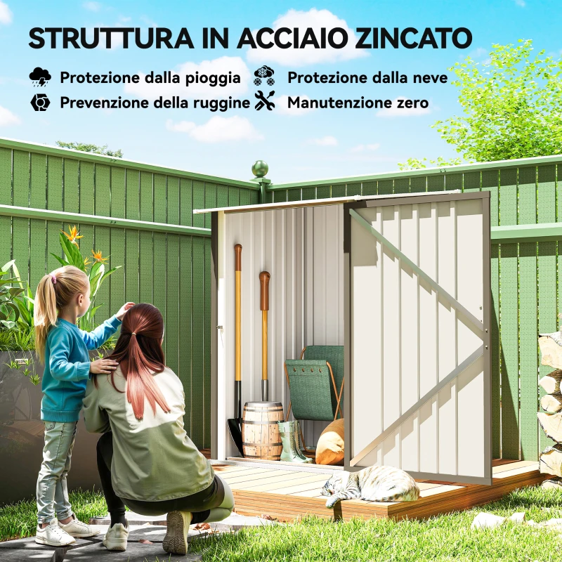 Outsunny Casetta da Giardino Porta Attrezzi in Acciaio Galvanizzato con Porta, 100x104x160 cm, Marrone e Bianco