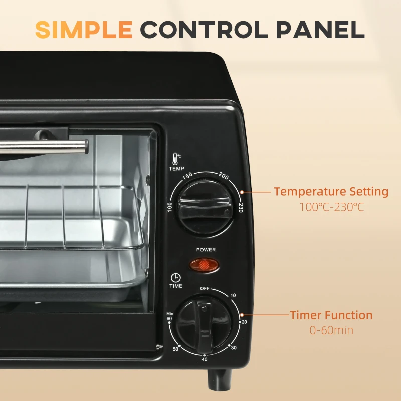 HOMCOM Mini-Piekarnik Toster, 1 Blacha do Pieczenia, 1 Ruszt Grillowy, Funkcja Timera, 36,5 cm x 26 cm x 22 cm, Czarny