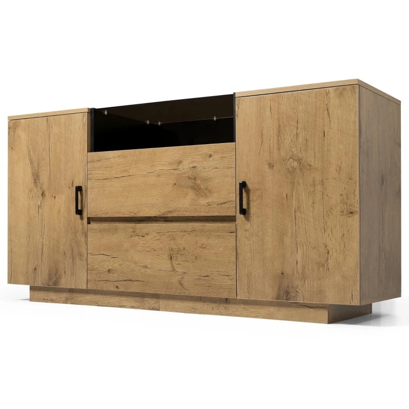 Comodă-sideboard cu 2 sertare, 2 dulapuri cu înălțime reglabilă și compartiment deschis, 140x40x70 cm, Culoare naturală