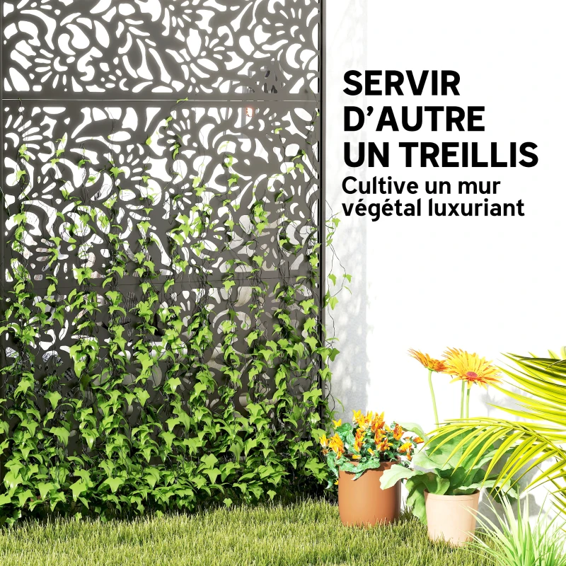 Outsunny Panneau Brise Vue décoratif Extérieur Claustra Décoratif Jardin 3 Panneaux à motif floral Acier 122 x 45 x 198 cm Noir