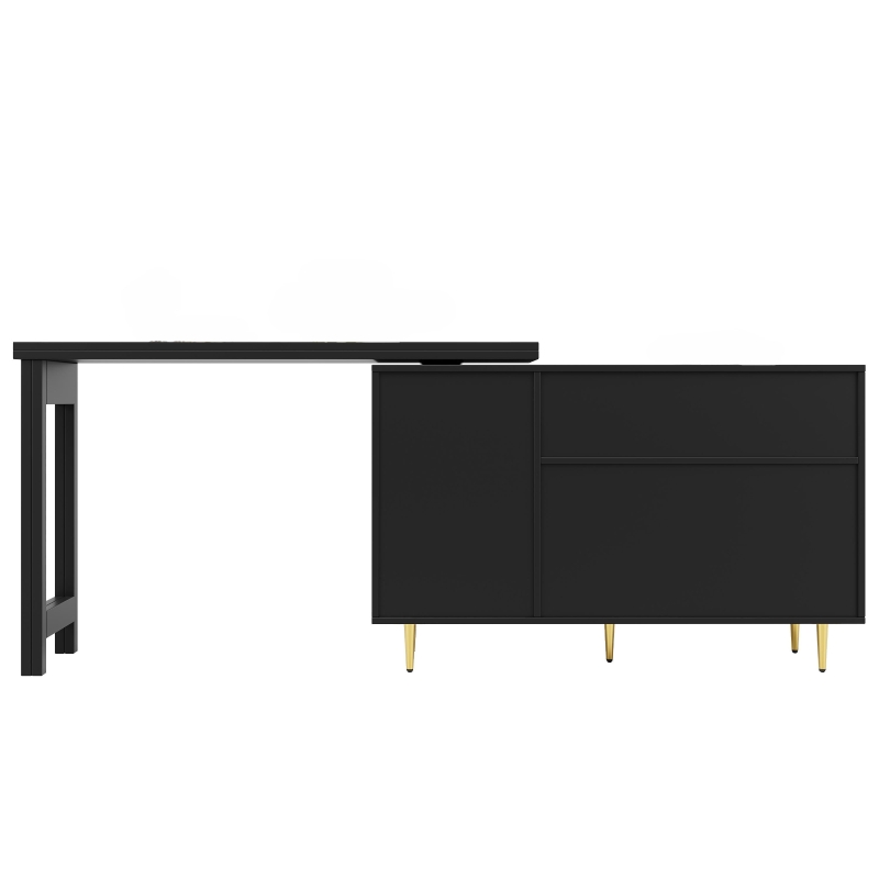 360° giratorio mesa alta de diseño extensible con tablero abatible, armario de almacenamiento con puerta de ratán + estantería abierta, 107x40x71,4 cm, Negro