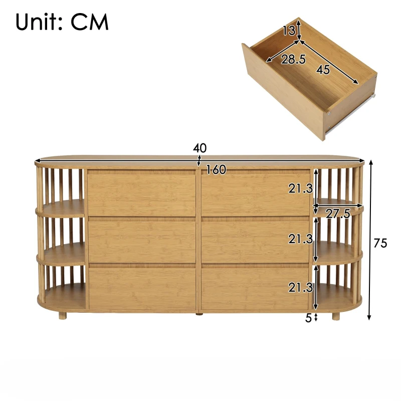 Cómoda aparador, 6 cajones & estantes abiertos, diseño romano con columnas & estantes-bambú, 160x40x75 cm, Color natural
