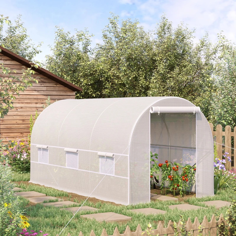 Outsunny Serre tunnel de jardin 8m², serre de jardin tunnel avec porte et 6 fenêtres, bâche PE 140 g/m² 400 x 200 x 200 cm blanc