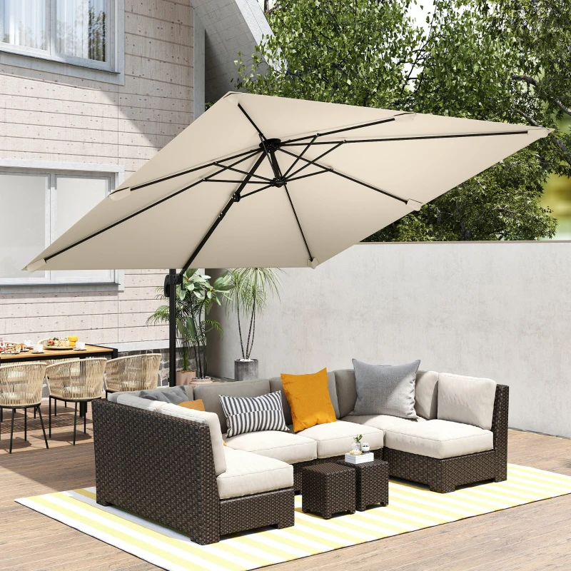 Outsunny Guarda-sol descentrado quadrado 3 x 3 m, guarda-sol de jardim exterior, rotação 360°, inclinável 5 posições, base cruzada, caqui
