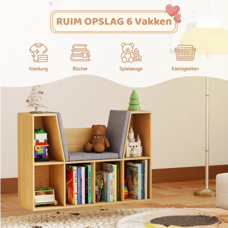 HOMCOM Kinderboekenkast 2-in-1 Kinderrek Speelbank 103 cm incl. Kussens Grijs Naturel(m-4)