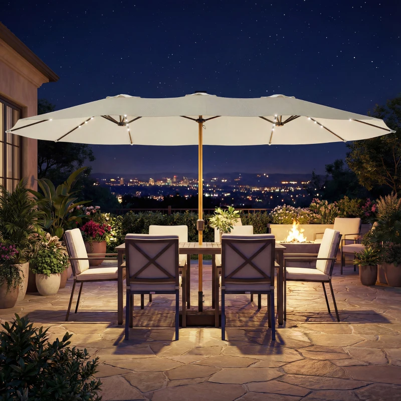 Outsunny Umbrelă dublă de grădină 4,6x2,6 m cu 48 LED-uri bază inclusă manivelă saci cu nisip anti-UV crem