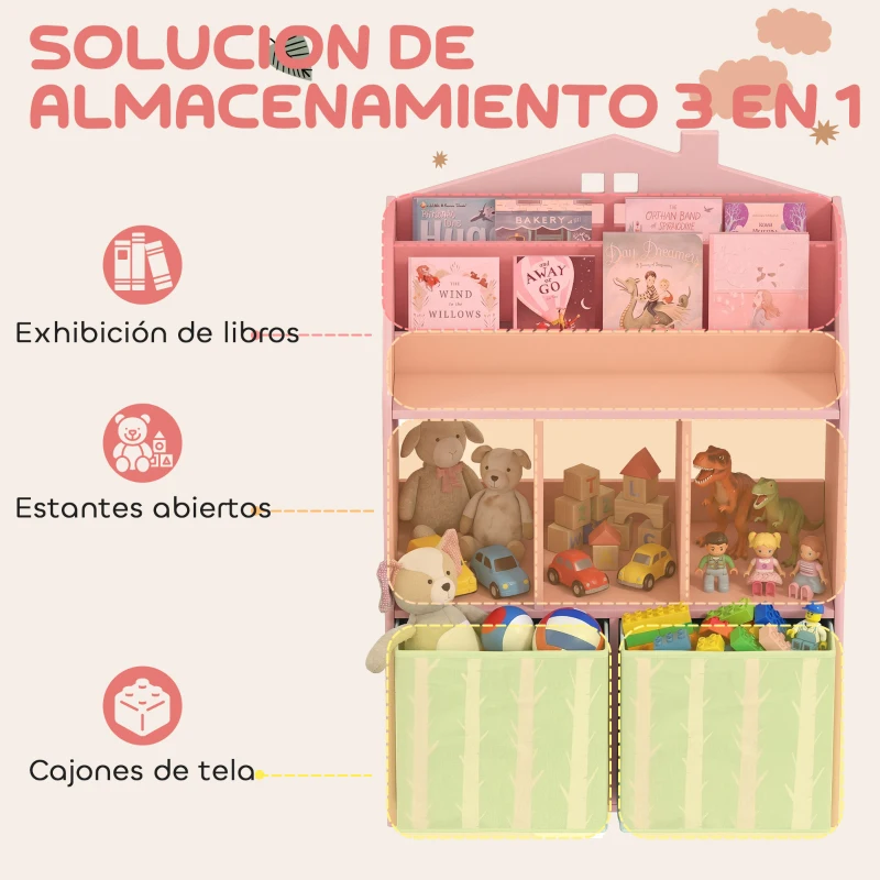 AIYAPLAY Estantería Infantil para Juguetes con Cajones de Tela Estantes Abiertos Diseño de Zorros Organizador de Juguetes Rosa