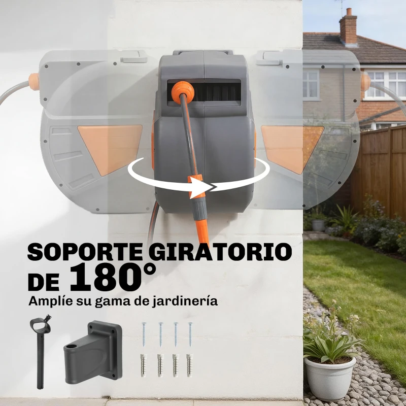 Outsunny Carrete de Manguera Retráctil 30+2 m con Boquilla de 2 Modos Bloqueo Automático y Retracción Controlada Soporte Naranja