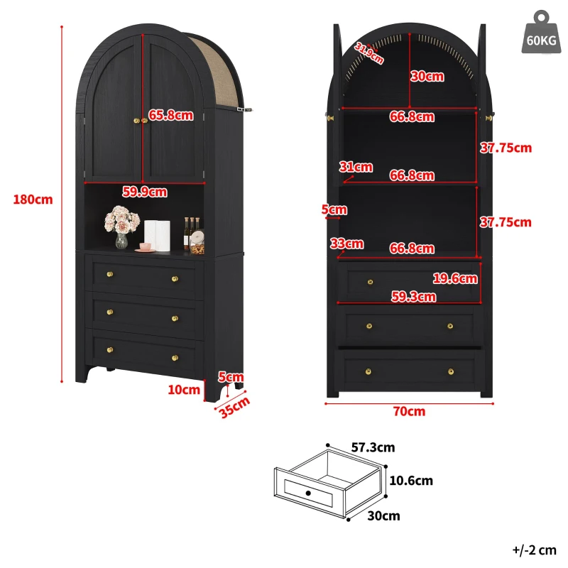 Armario alto con arco de almacenaje con 3 cajones, puertas y estante expositor abierto, para cocina y salón, 70x35x180 cm, Negro