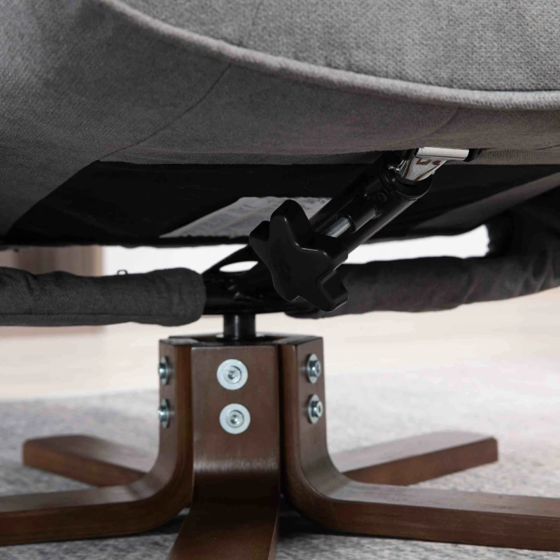 HOMCOM Linen Swivel Recliner Chair with Footstool, Upholstered Reclining Armchair with Wooden Base for Living Room, Grey