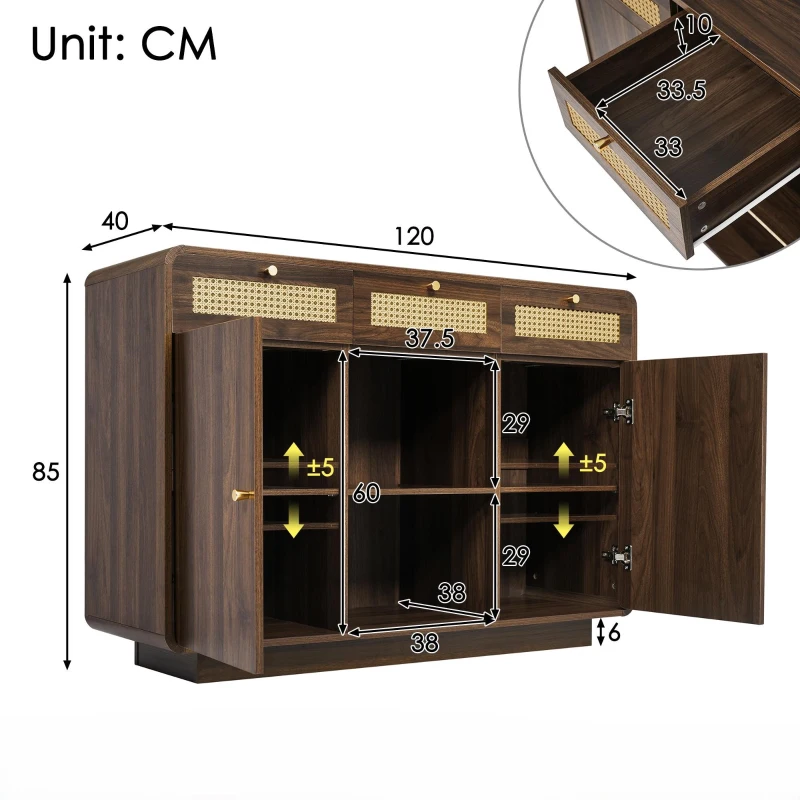 Kommode, 3 Schubladen + 2 Schränke mit offenem Mittelregal und Rattan-Fronten, 120 x 40 x 85 cm, Braun