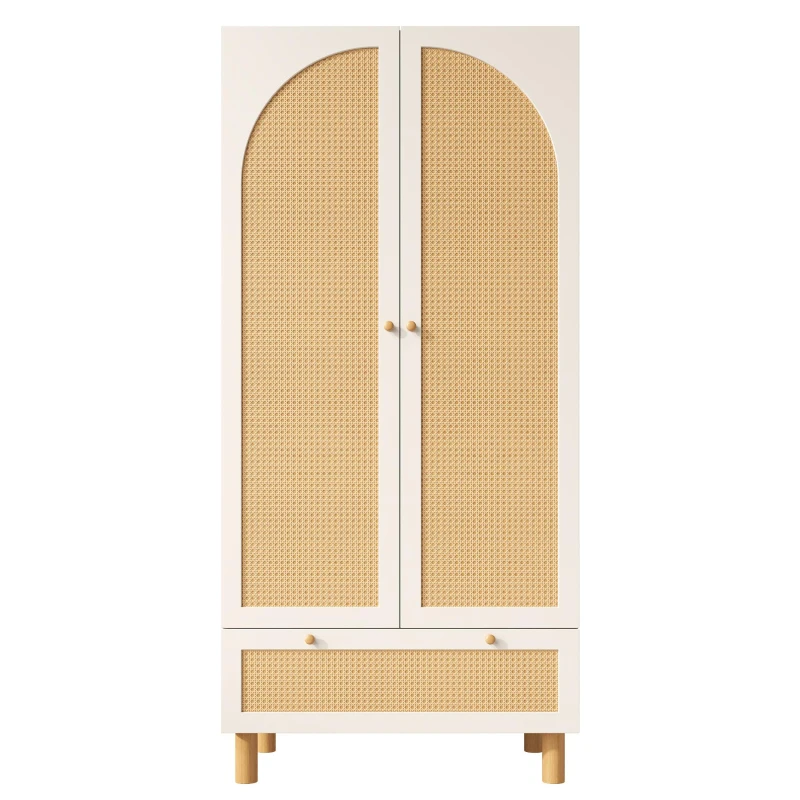 Armadio portaoggetti a 2 ante con frontale in rattan, ampio cassetto, ripiani regolabili e barra appendiabiti, 85.5x52x180.5 cm, Bianco