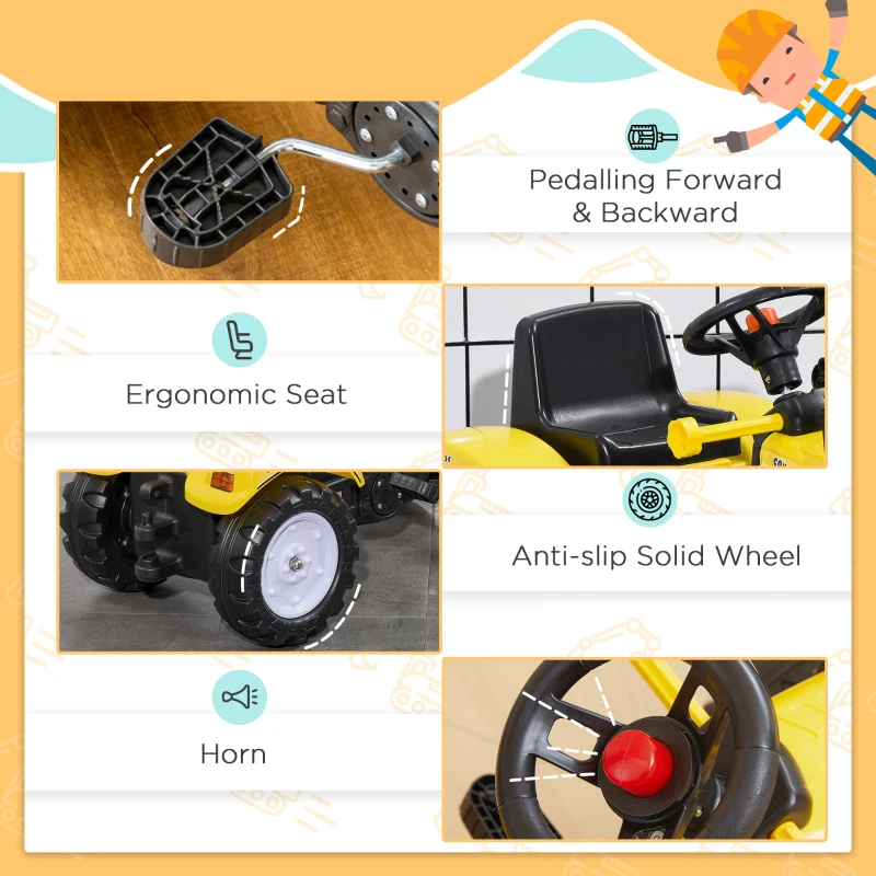 HOMCOM Ride On Tractor, Toddler Excavator Toy, Pretend Play Construction Truck with Adjustable Bucket, Horn for 3 Years+