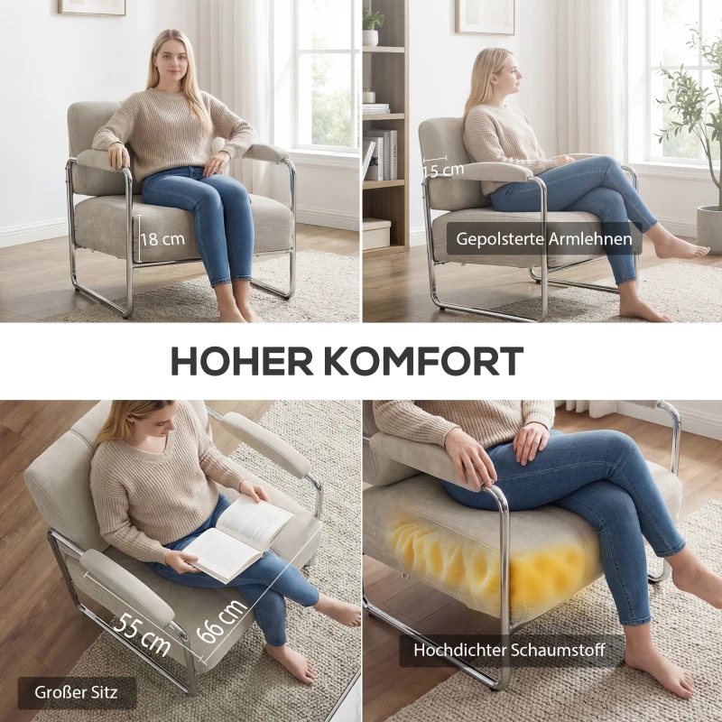 HOMCOM Moderne fauteuil, accentstoel met breed zitvlak en dikke vulling, chenille-gepolsterde stoel voor de woonkamer, beige