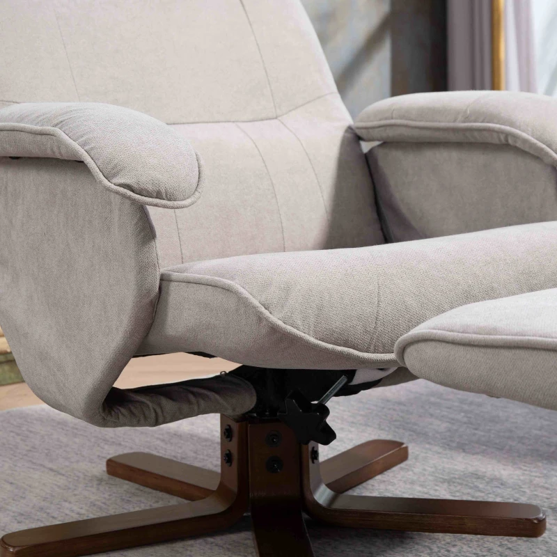 HOMCOM Linen Swivel Recliner Chair with Footstool, Upholstered Reclining Armchair with Wooden Base for Living Room, Light Grey