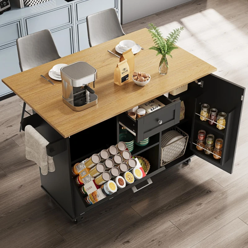 Îlot de cuisine moderne au design pliable, desserte/table à manger multifonction avec étagères pour snacks et armoires extensibles, 142x40/63x87 cm, Noir