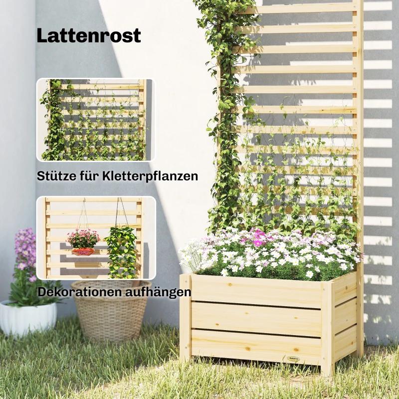Outsunny Verhoogde plantenbak met spalier hout plantenbak met spalier afvoergat vliesvoering 60 x 39 x 200 cm natuurhout