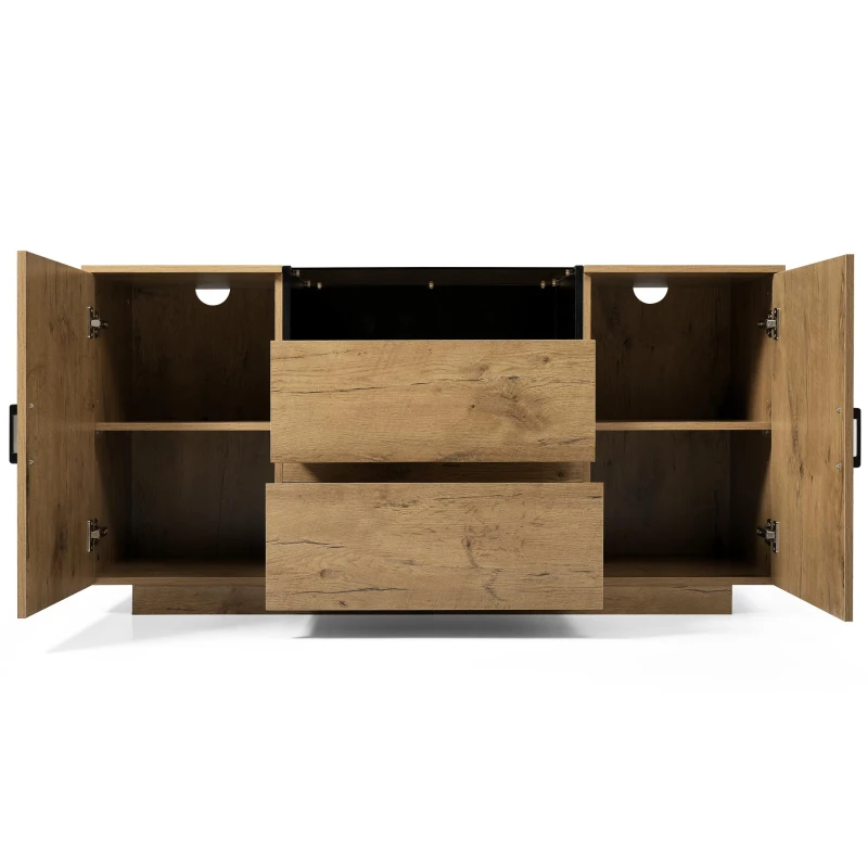 Comodă-sideboard cu 2 sertare, 2 dulapuri cu înălțime reglabilă și compartiment deschis, 140x40x70 cm, Culoare naturală
