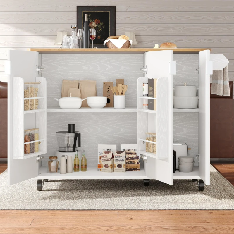Isla de cocina móvil con encimera abatible, 3 puertas, toallero y estante para especias, 130x45/75x92 cm, Blanco