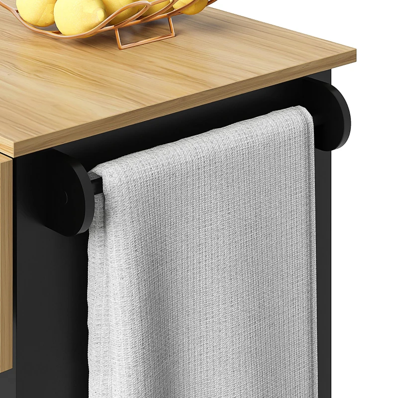 Desserte de cuisine avec plateau rabattable, 3 tiroirs, 2 portes, casier à bouteilles et porte-serviette, 124x40/65x91,5 cm, Noir