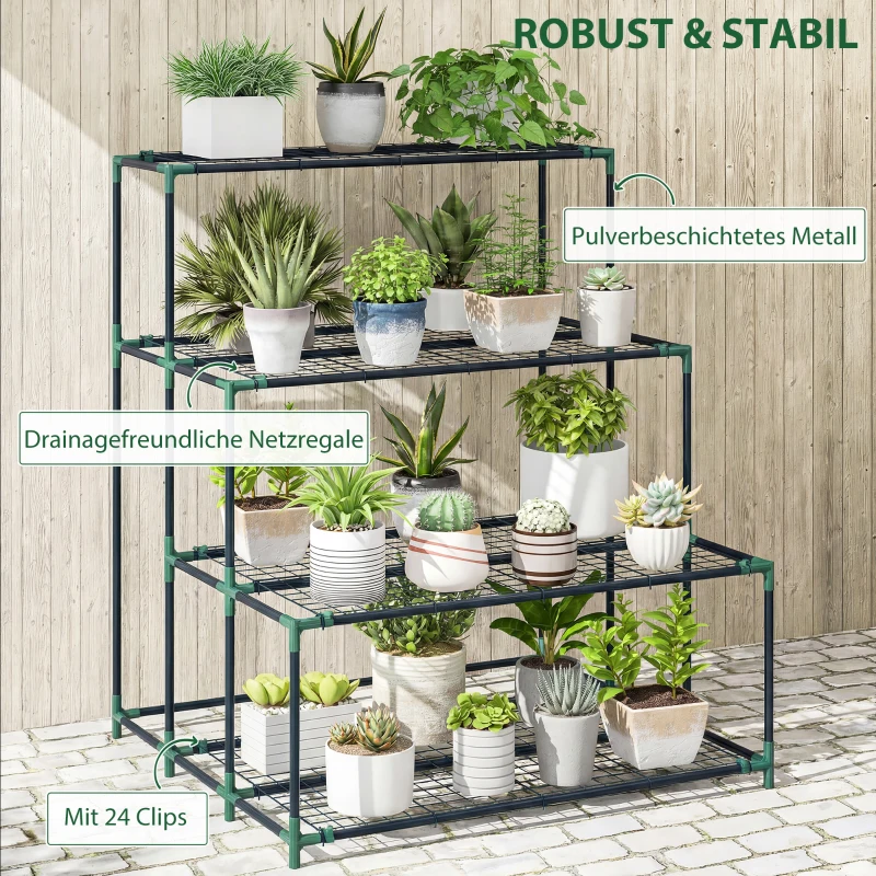 Outsunny 4-Etagen Pflanzenständer, 110 cm hoch Blumenständer mit 24 Clips, Pflanzenregal aus Stahl Dunkelgrün