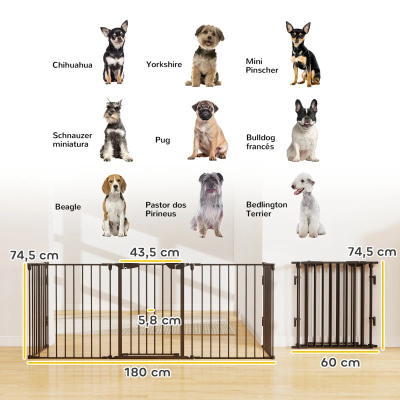 PawHut Barreira de Segurança para Animais de Estimação Barreira Dobrável de 5 Painéis com Fechadura Inteligente 300x74,5 cm Preto